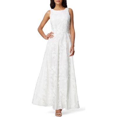 Tahari Sleeveless Embroidered Mesh Gown, Ivory