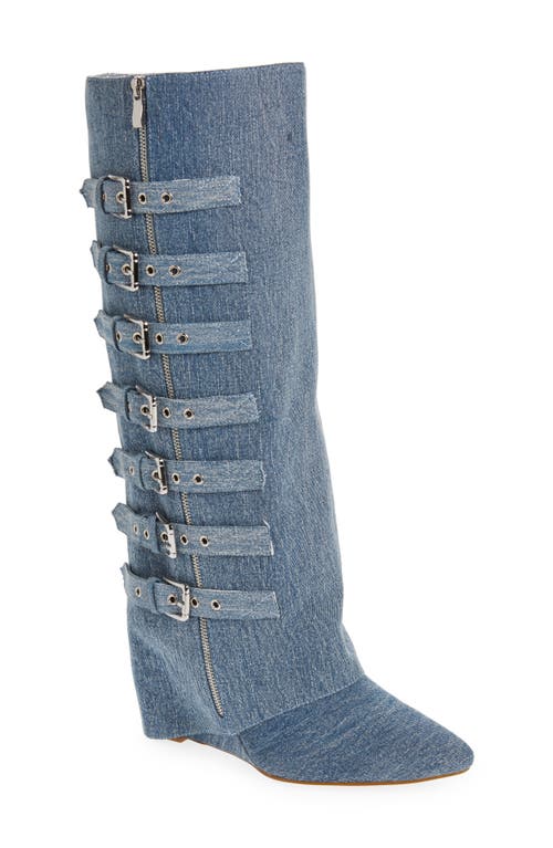 Risna Belted Foldover Denim Pointed Toe Boot in Blue