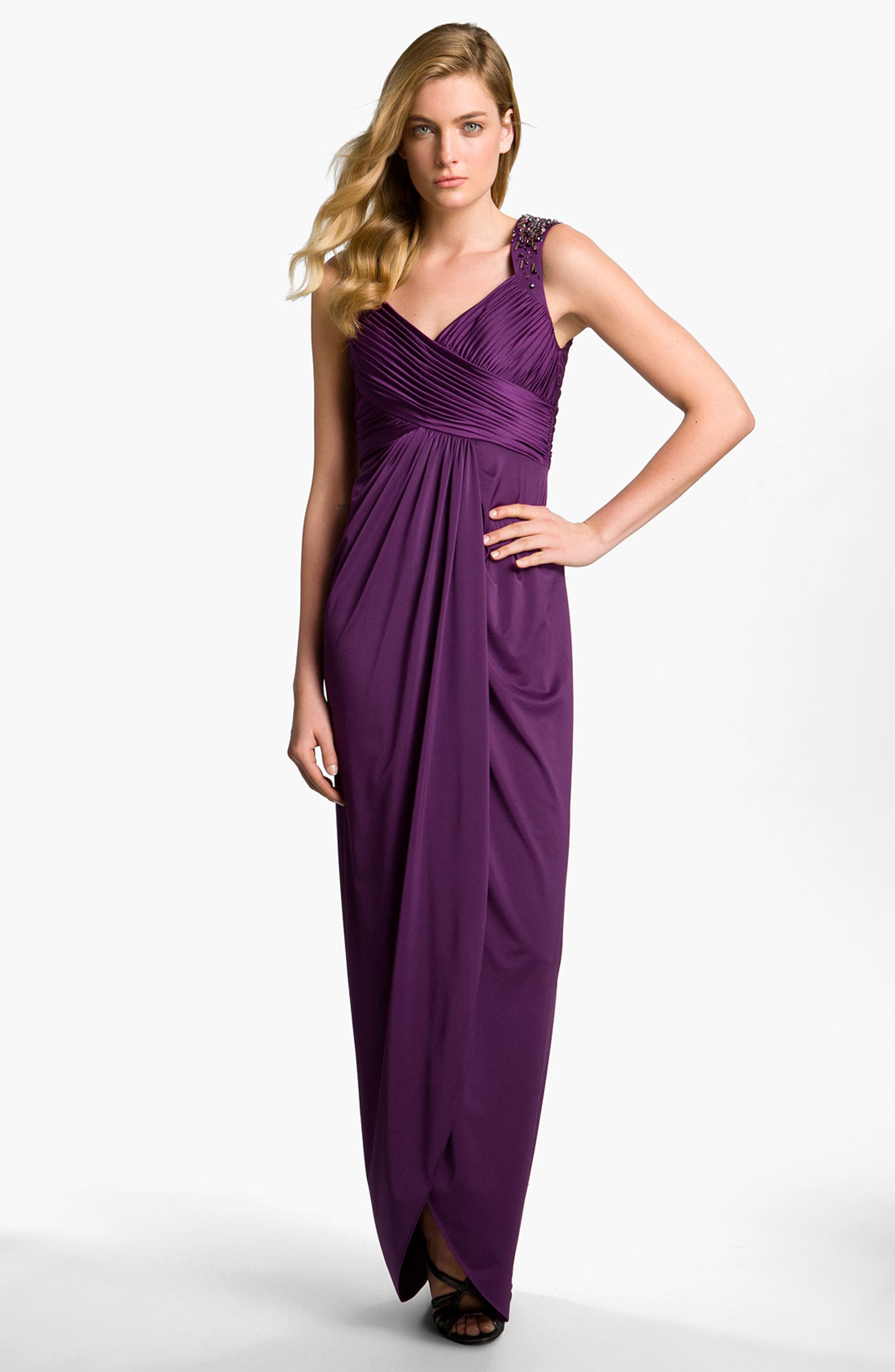 Adrianna Papell Embellished Shoulder Ruched Jersey Gown | Nordstrom