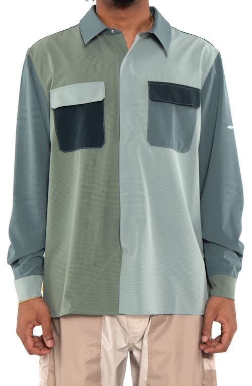 Colorblock Ripstop Tech Button-Up Shirt in Spruce