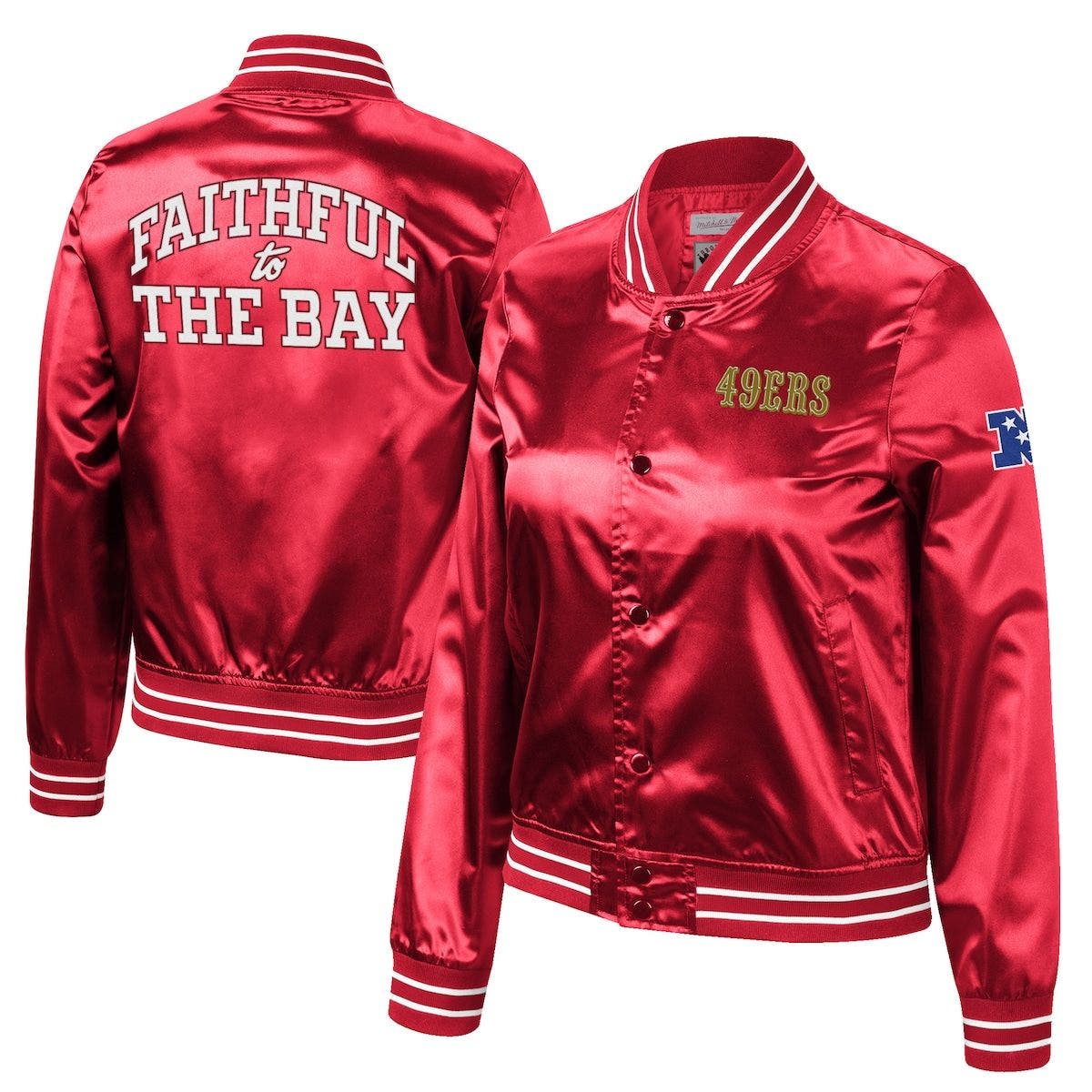 Men's Mitchell & Ness Scarlet San Francisco 49ers 75th Anniversary Faithful  to the Bay Full-Snap Satin Jacket