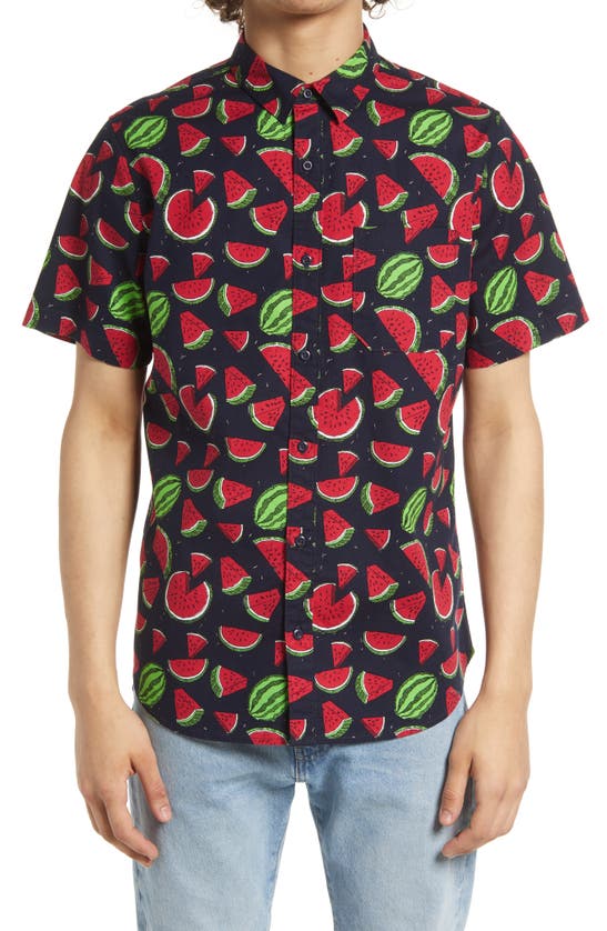 Abound Short Sleeve Poplin Button Front Shirt In Navy Iris Watermelon Slice