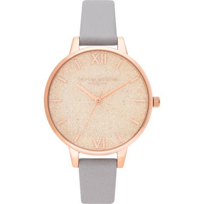 Olivia Burton Glitter Dial Leather Strap Watch,