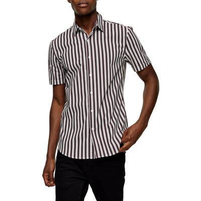 Topman Stripe Short Sleeve Button-Up Shirt, Burgundy