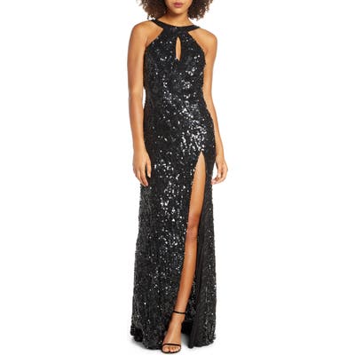 MAC Duggal Sequin Cowl Back Gown, Black