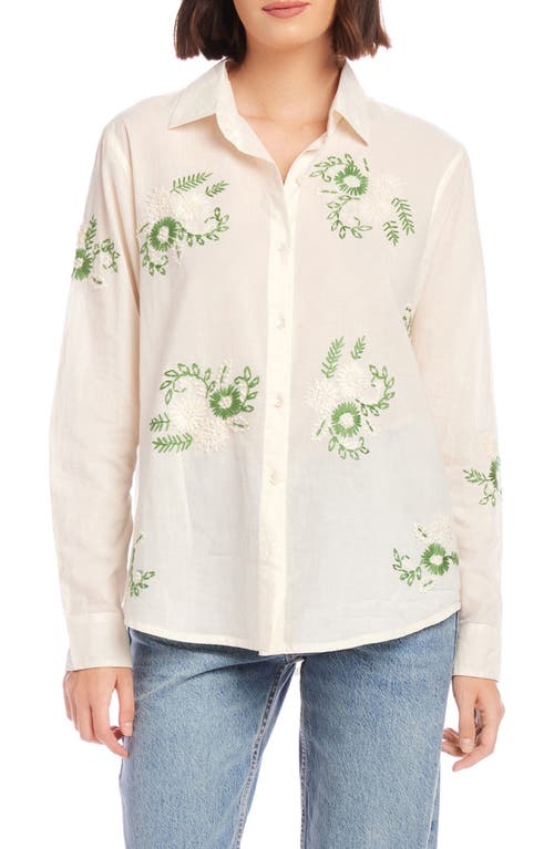 Floral Embroidred Cotton Button-Up Shirt in Cream