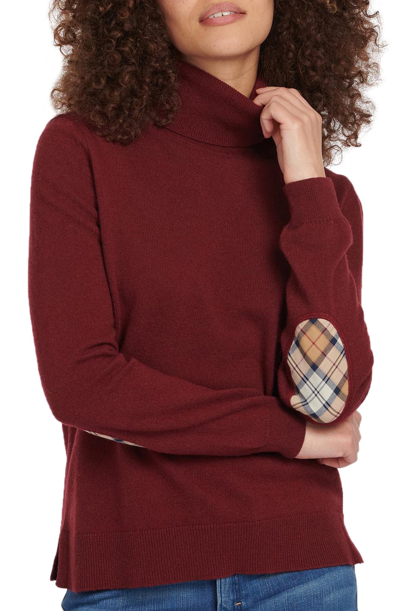 Barbour Pendle Elbow Patch Wool & Cotton Turtleneck Sweater in Burgundy/Hessian Tartan at Nordstrom