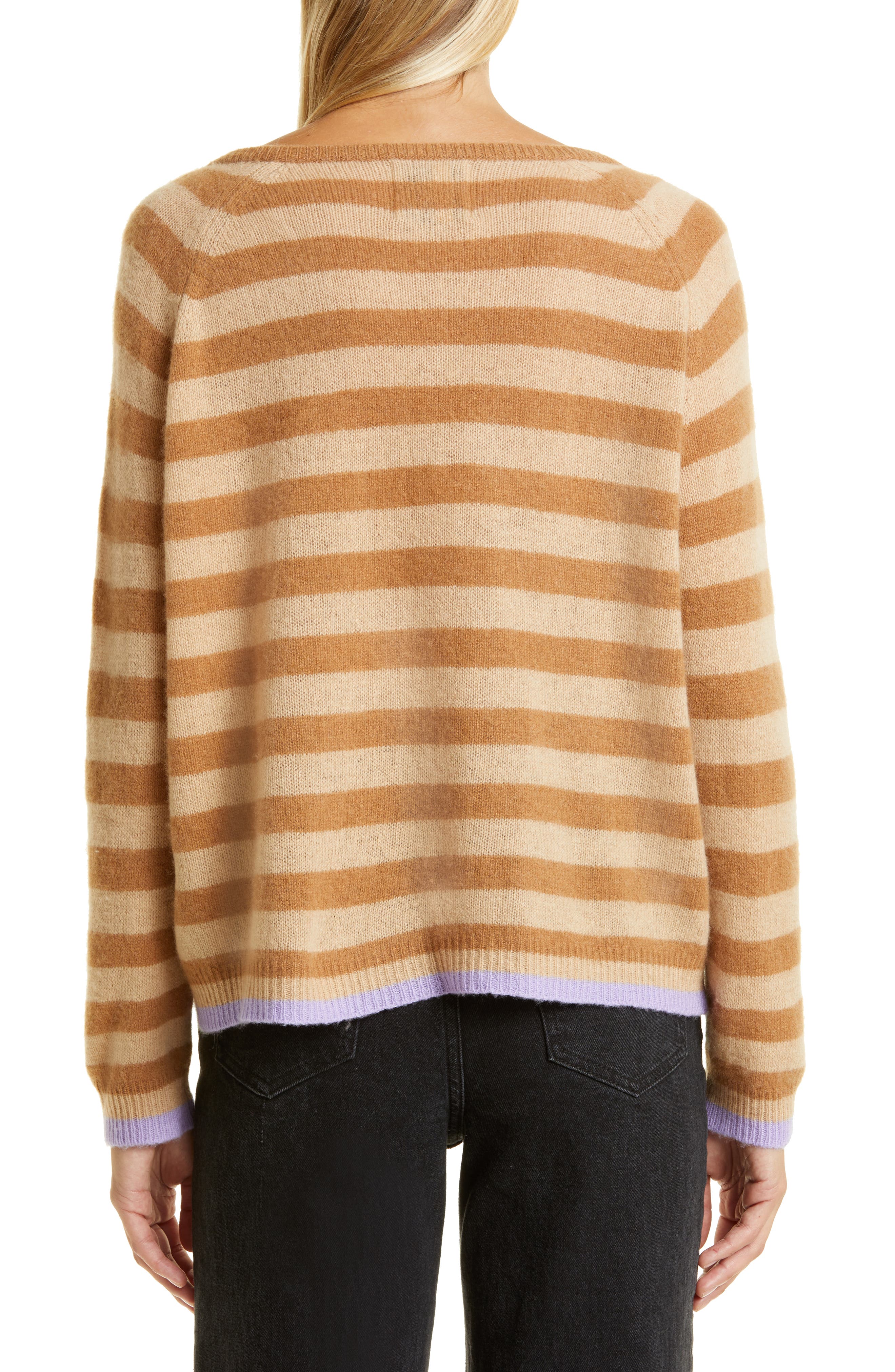 Jumper 1234 Wide Stripe V-Neck Cashmere Sweater in Camel Lavendar at Nordstrom