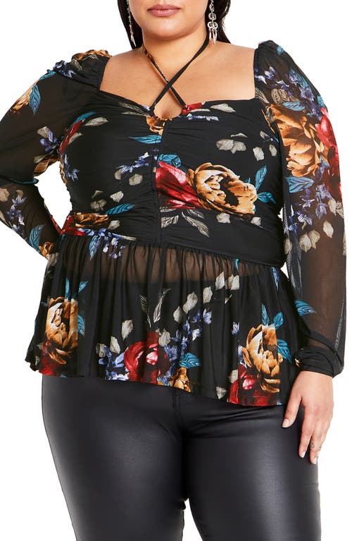 City Chic Floral Mesh Peplum Top in Dark Late Bloom 