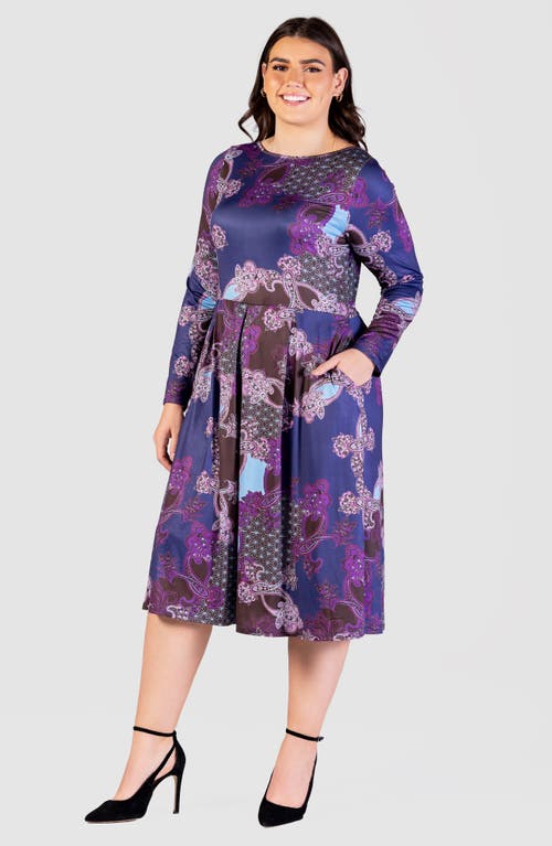 Shop 24seven Comfort Apparel Paisley Fit & Flare Long Sleeve Jersey Midi Dress In Purple Multi