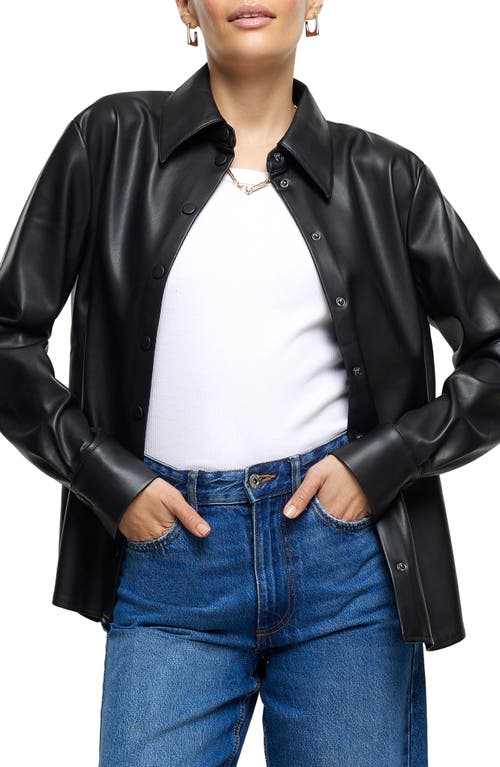 Snap Front Faux Leather Shirt in Black
