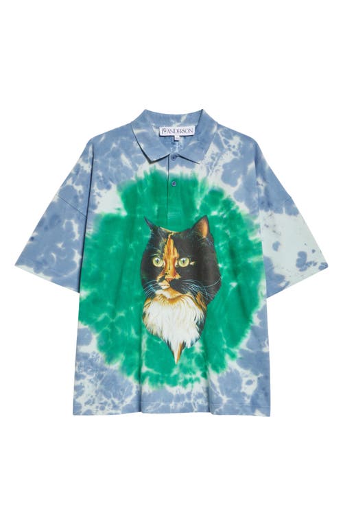 Shop Jw Anderson Oversize Cat Print Tie Dye Polo In Bright Blue/bright Olive