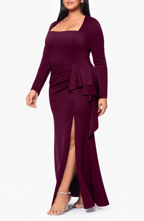 Xscape Evenings Side Ruffle Long Sleeve Scuba Gown In Wine