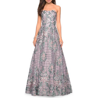 La Femme Strapless Sequin Evening Gown, Purple
