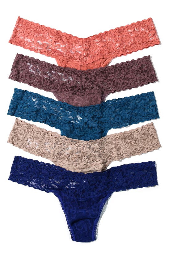 Hanky Panky 5-pack Low-rise Multicolor Lace Thongs In Himalayan Pink/dusk/beguiling