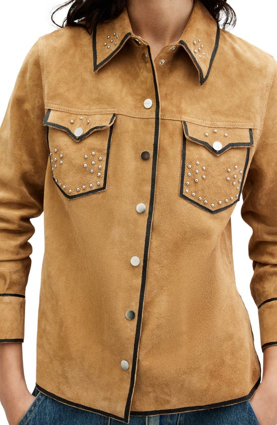 Shop Allsaints Karlson Lea Studded Suede Snap-up Shirt In Tan Brown