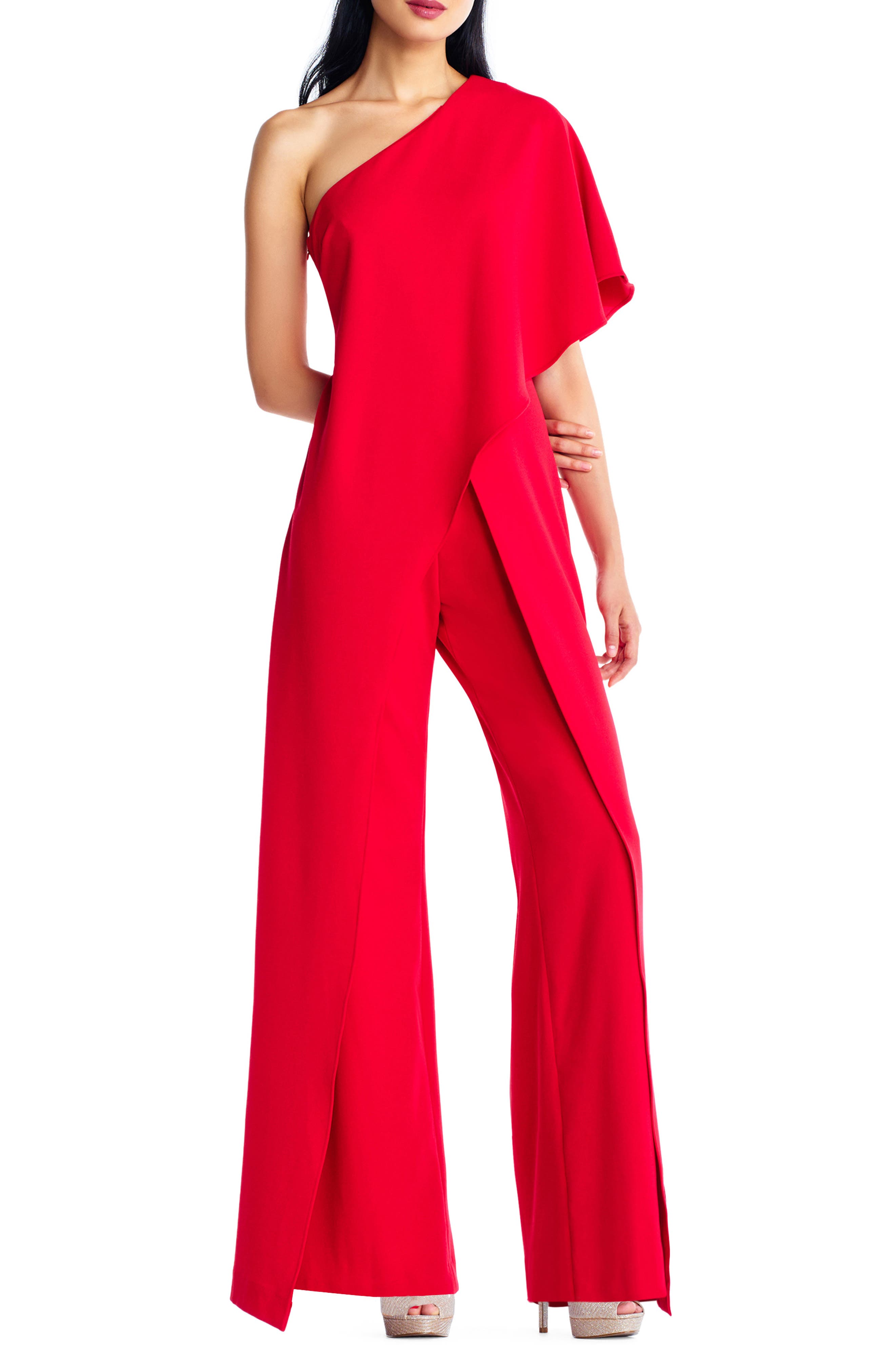 Adrianna Papell One Shoulder Jumpsuit in Red Smart Closet