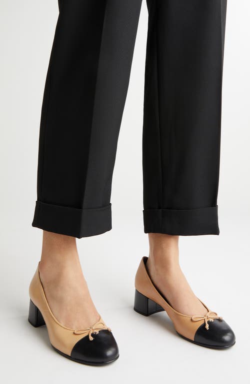 Tory Burch Beige And Black Ballet Flats With Bow Detail And Bi-color Toe In Smooth Leather Woman In Ginger Shortbread/black