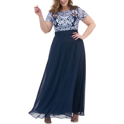 Plus Size Js Collections Floral Embroidered Chiffon Gown, Blue