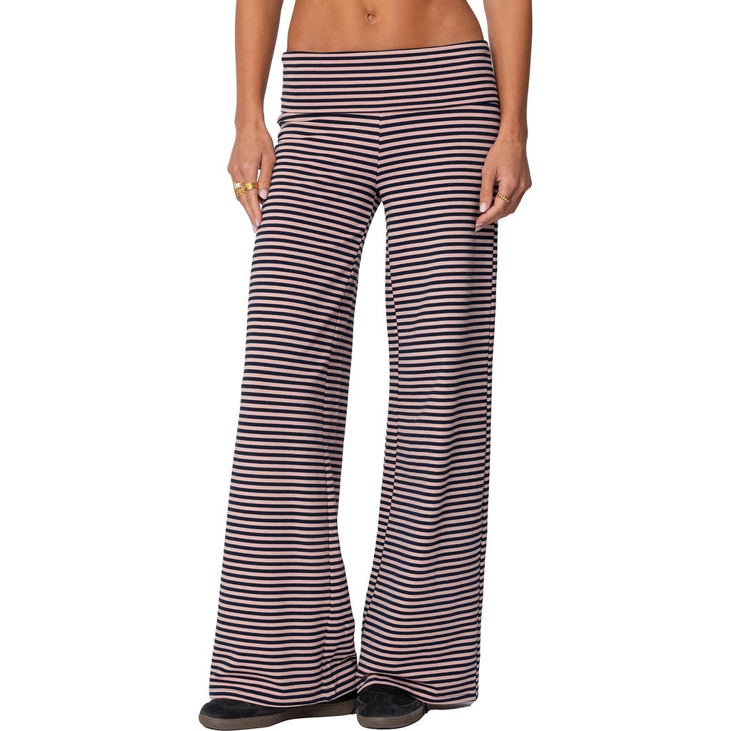 Edikted Lilah Stripe Foldover Wide Leg Pants In Navy-and-pink