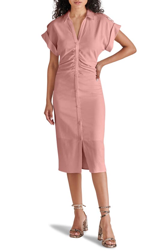Shop Steve Madden Cambrie Ruched Linen Blend Midi Dress In Blush