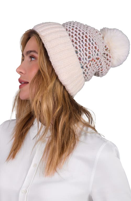 Saachi Faux Fur Pom Rainbow Patterned Knit Beanie In Ivory