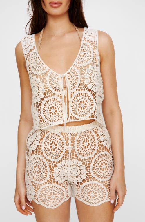 Shop Nasty Gal Premium Hand Crochet Tie Front Crop Cover-up Tank Top In Cream