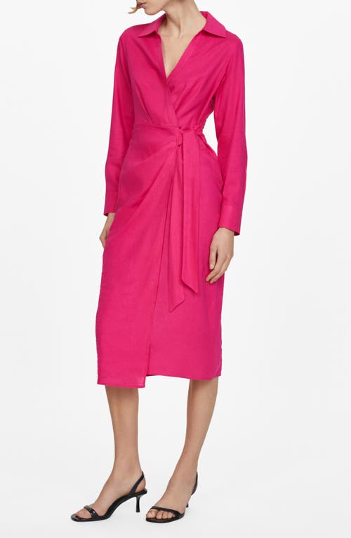 MANGO Carola Tie Waist Long Sleeve Wrap Dress Bright Pink at Nordstrom,