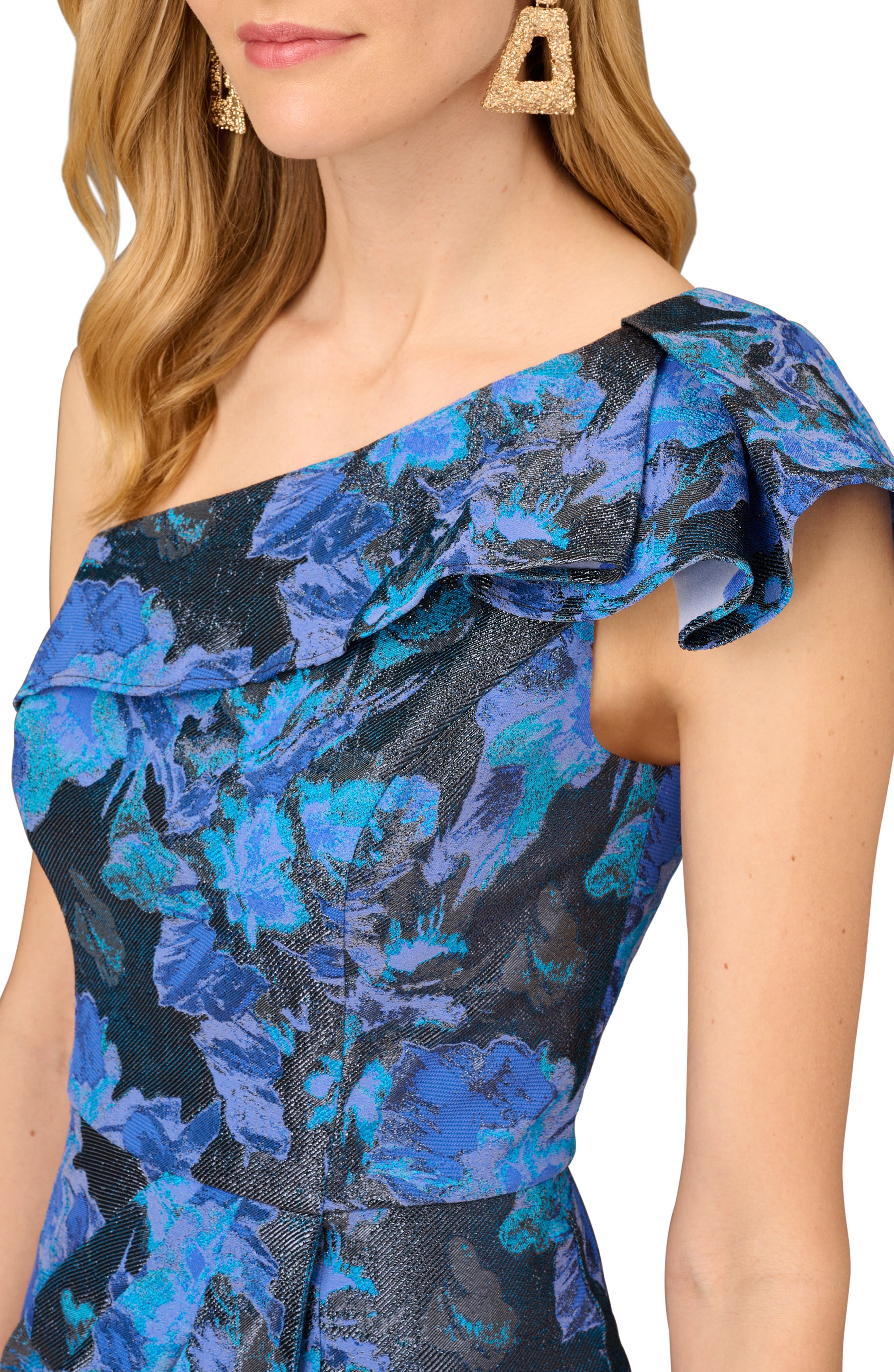 Aidan Mattox by Adrianna Papell Floral One Shoulder Jacquard