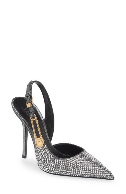 Shop Versace Safety Pin Crystal Slingback Pump In Silver/gold