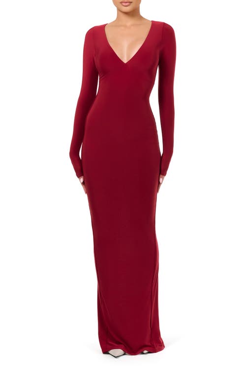 Naked Wardrobe Hourglass V-Neck Long Sleeve Column Dress Dark Red at Nordstrom,