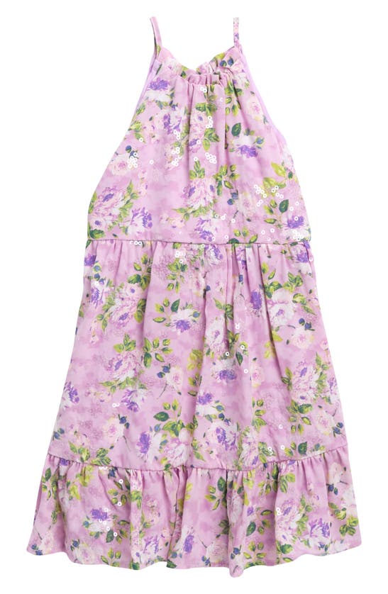 Ava & Yelly Kids' Floral Sequin Tiered Dress In Lilac