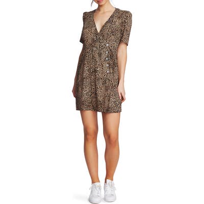 1.state Asymmetrical Button Leopard Print Minidress, Brown