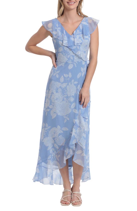 London Times Petite Printed Ruffled-collar Maxi Dress In Blue/ White