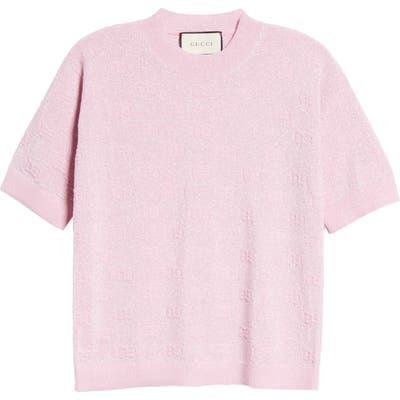 Gucci Gg Logo Metallic Jacquard Wool Blend Sweater, Pink