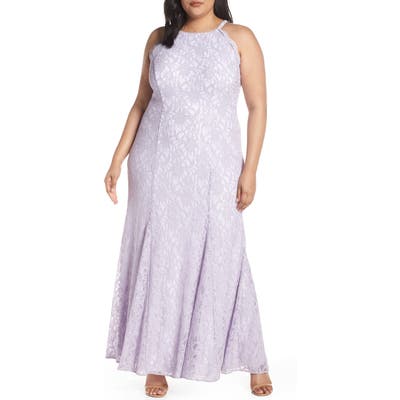 Plus Size Morgan & Co. Halter Bodice Glitter Lace Evening Dress, Purple