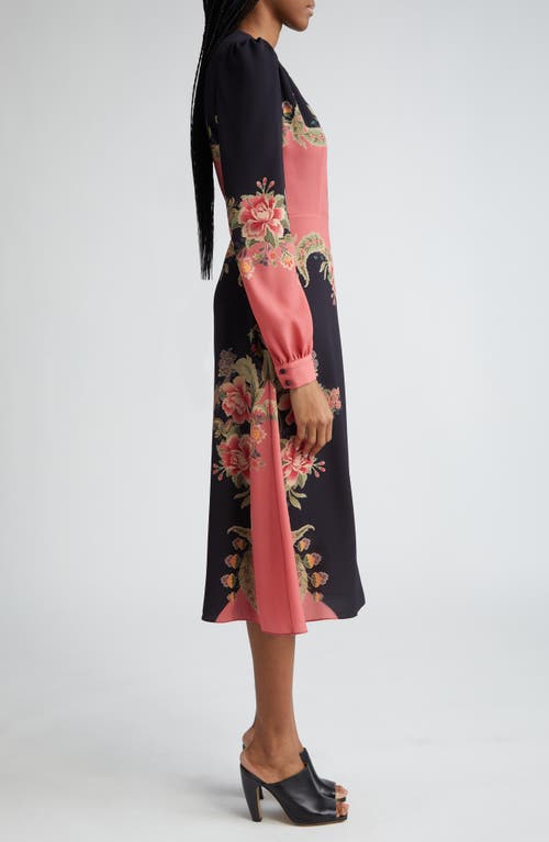 Shop Etro Placed Print Long Sleeve Stretch Crepe Dress In Navy/pink