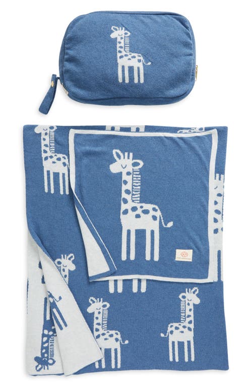 Pink Lemonade Giraffe Organic Cotton Baby Blanket & Travel Pouch Set In Blue