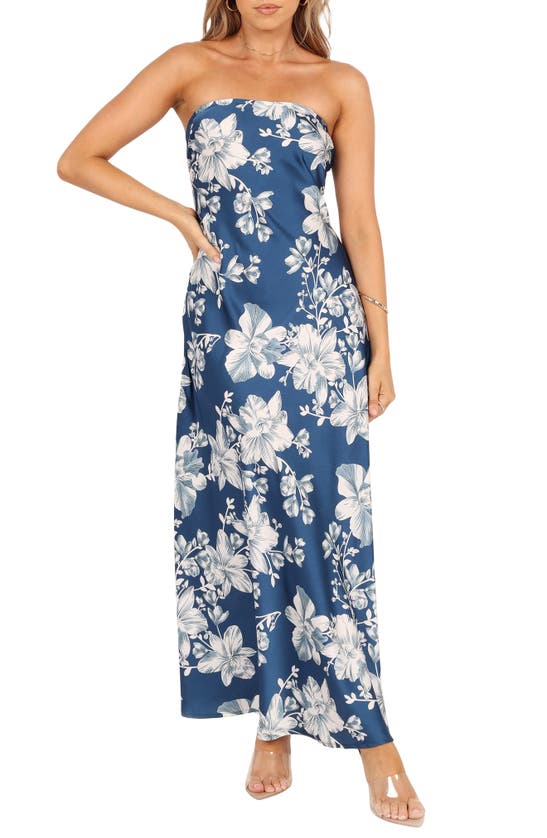 Shop Petal And Pup Petal & Pup Gemma Floral Strapless Maxi Dress In Blue Floral