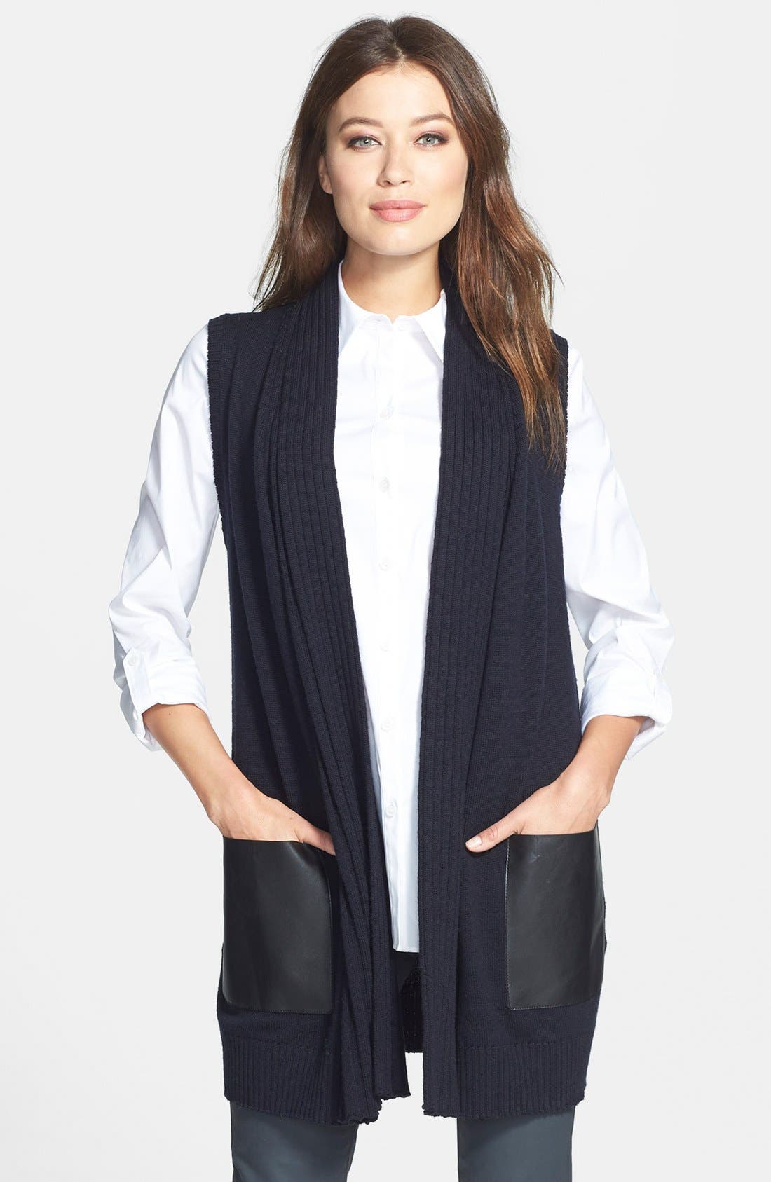 Lafayette 148 New York Faux Leather Pocket Merino Vest (Nordstrom