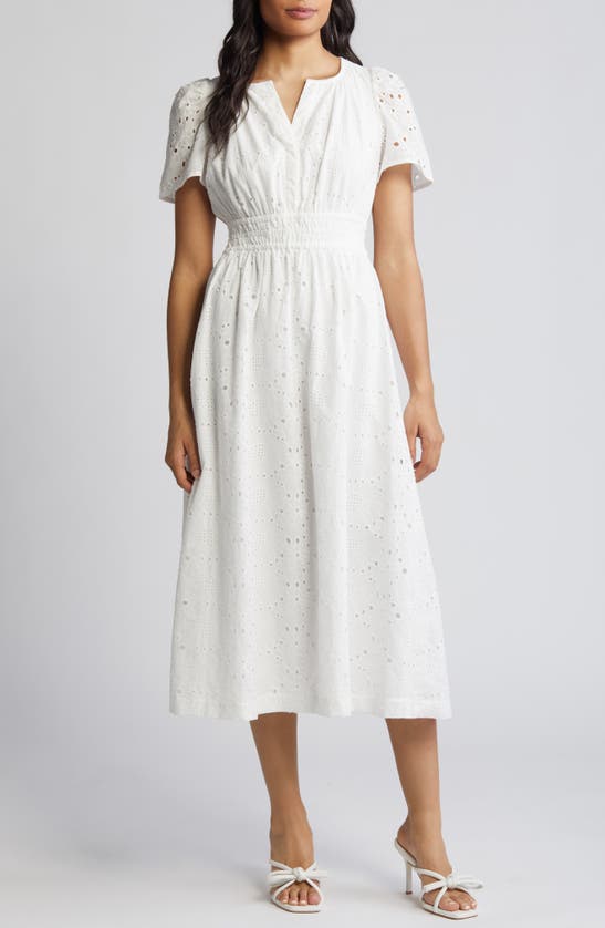 Anne Klein Short Sleeve Cotton Eyelet Midi Dress In Pearl White