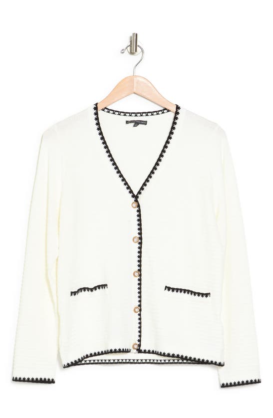 Adrianna Papell V neck Ottoman Stitch Cardigan In Ivory Black