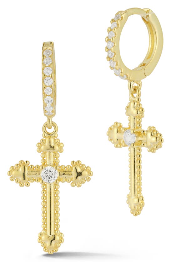 Shop Sphera Milano Cz Cross Drop Huggie Hoop Earrings In Gold