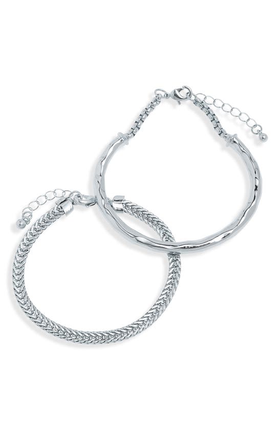 Shop Nordstrom Rack Set Of 2 Herringbone Chain & Molten Bar Bracelets In Rhodium