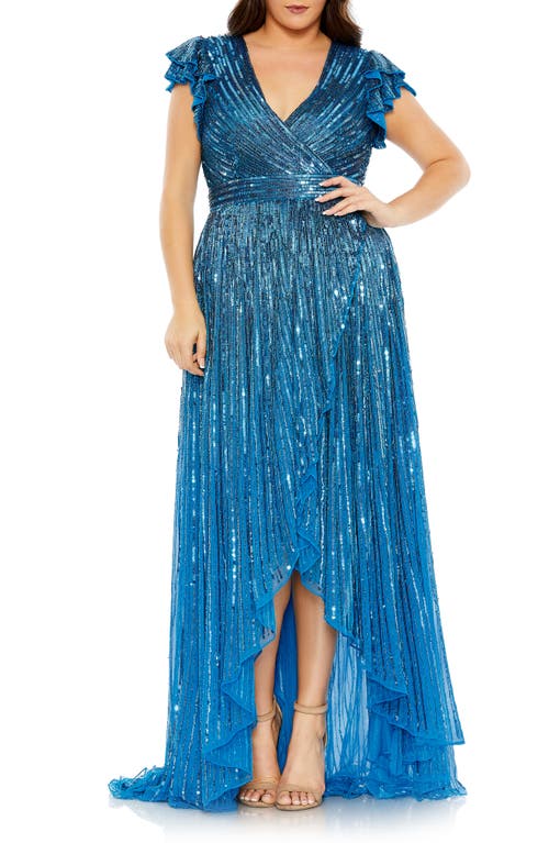 Mac Duggal Sequin Ruffle Sleeve Faux Wrap Gown in Teal