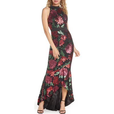 Chi Chi London Santana Sequin Floral High/low Evening Gown, Black