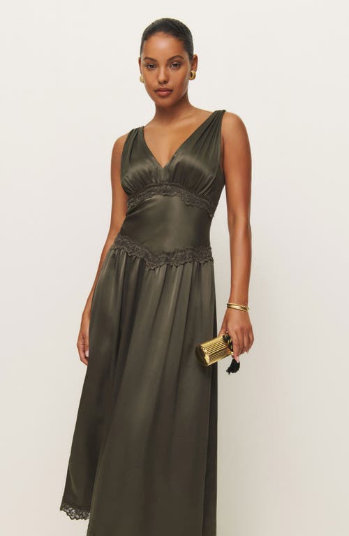 Reformation Stasia Lace Trim Silk Maxi Dress In Pine Tree
