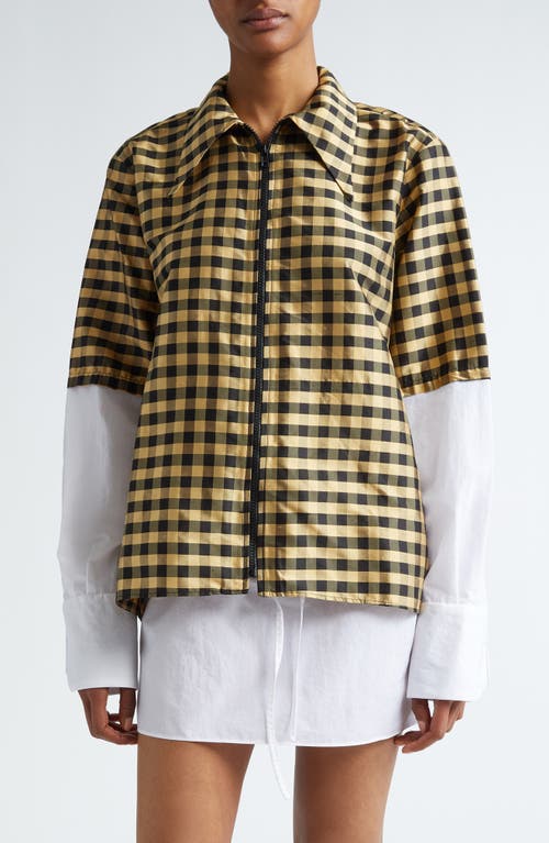 COMING OF AGE Gingham Layered Look Silk Zip-Up Shirt Black Gold at Nordstrom,