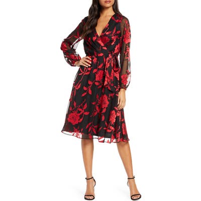 Julia Jordan Floral Long Sleeve Velvet Burnout Faux Wrap Dress, Black