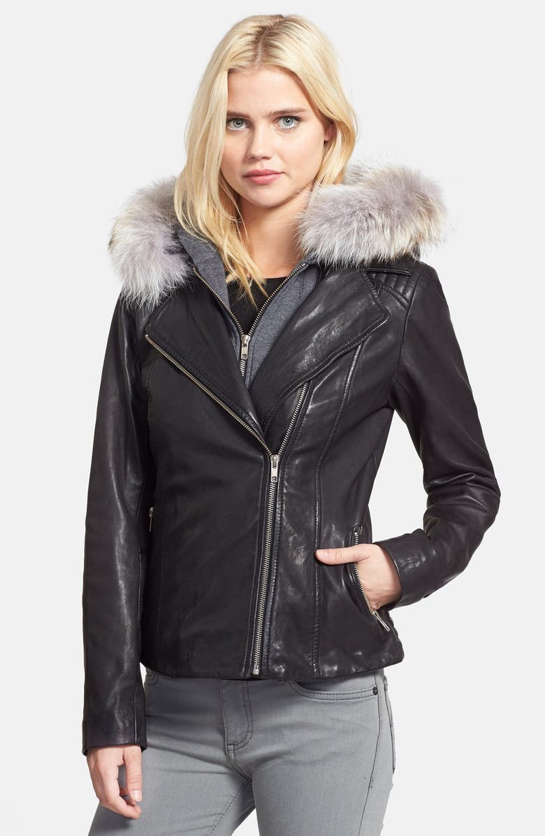 Genuine Coyote Fur Trim Leather Jacket With Knit Insert